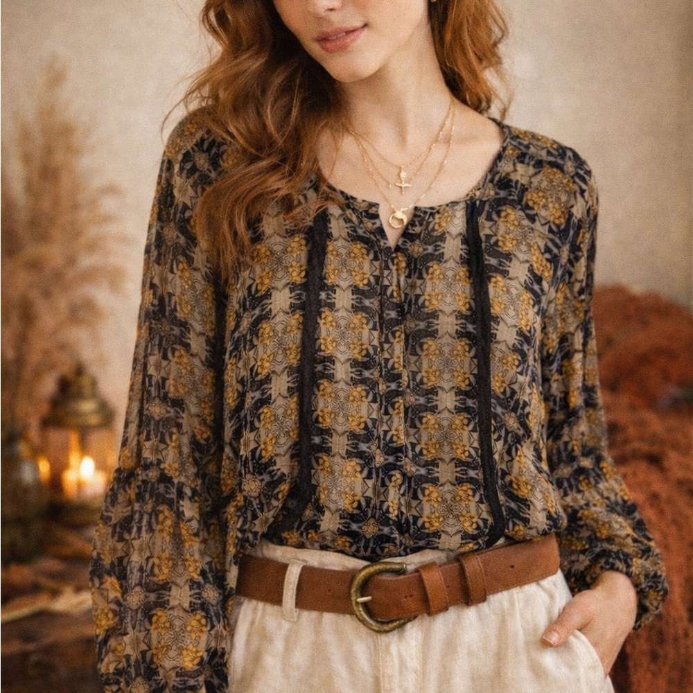 ASTR Boho Floral Lace Panel Peasant Blouse Small Free People Style